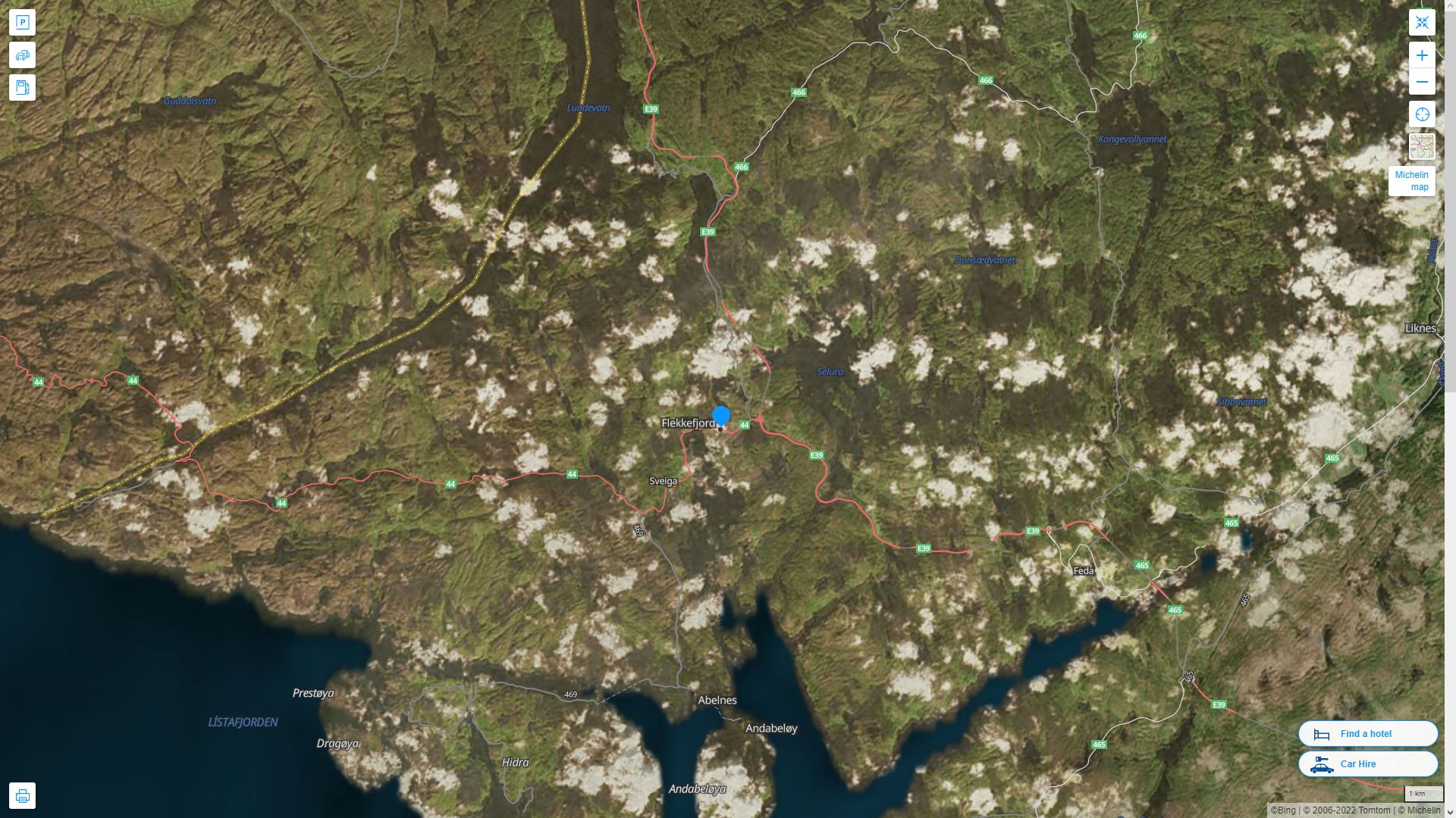 Flekkefjord Highway and Road Map with Satellite View